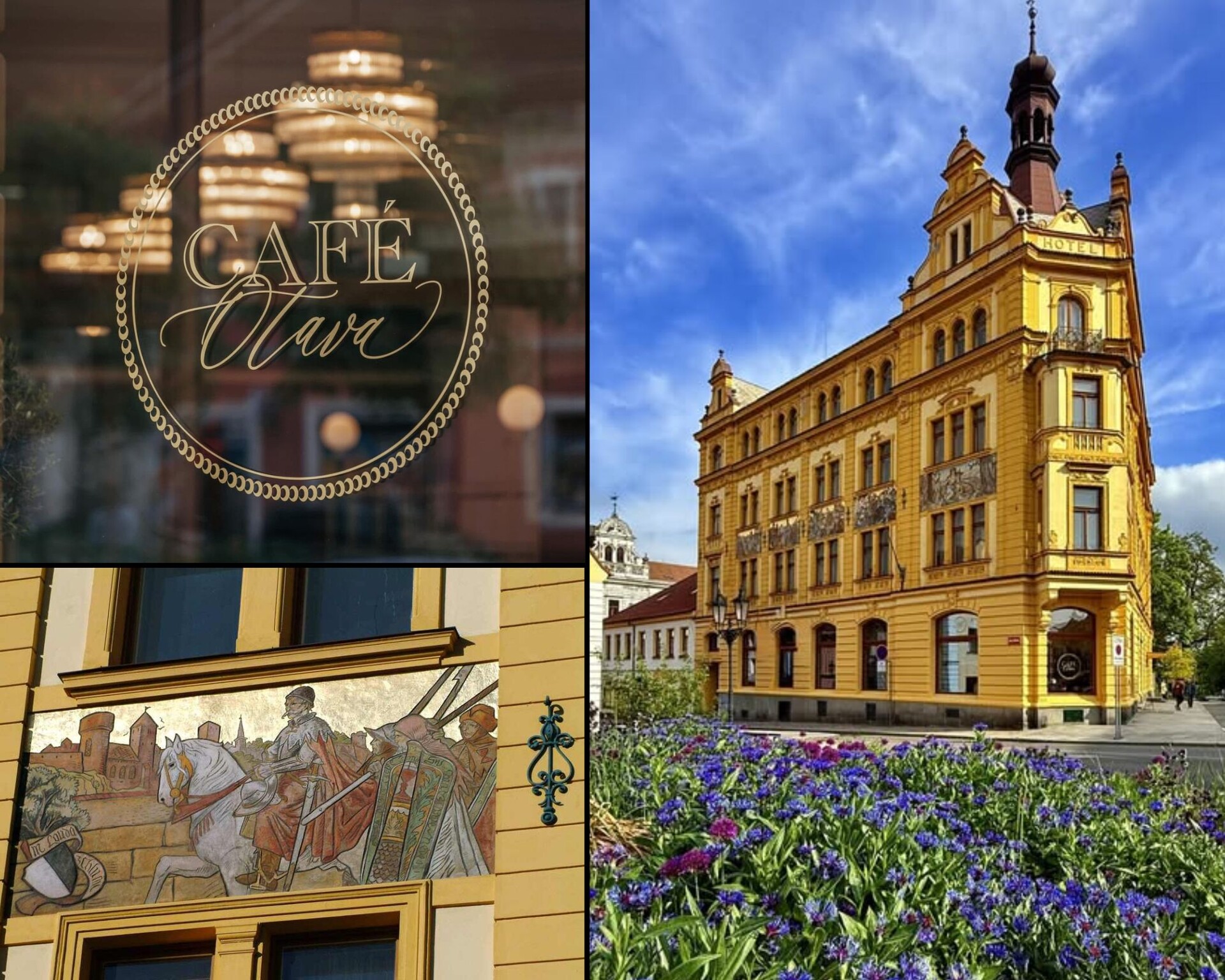 Neorenaissancegebäude des Café Otava in Písek mit Sgraffiti von Mikoláš Aleš, Detail eines Sgraffitos und vergoldeter Schriftzug Café Otava auf der Glastür