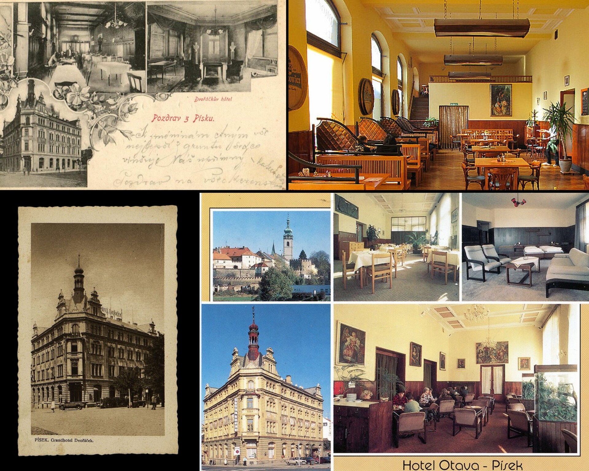 Historische Ansichtskarten des Grandhotels Dvořáček in Písek und Innenaufnahmen des Hotels Otava aus der zweiten Hälfte des 20. Jahrhunderts