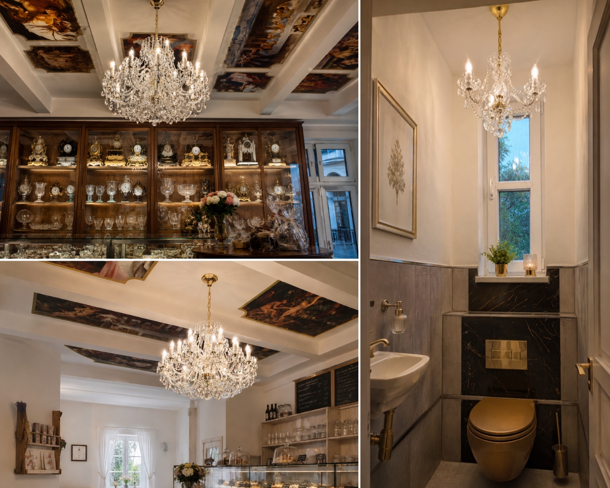 Drei Visualisierungen tschechischer Kristalllüster von ArtCrystal in verschiedenen Innenräumen – historische Konditorei, gemütliches Landcafé und elegantes Gäste-WC.