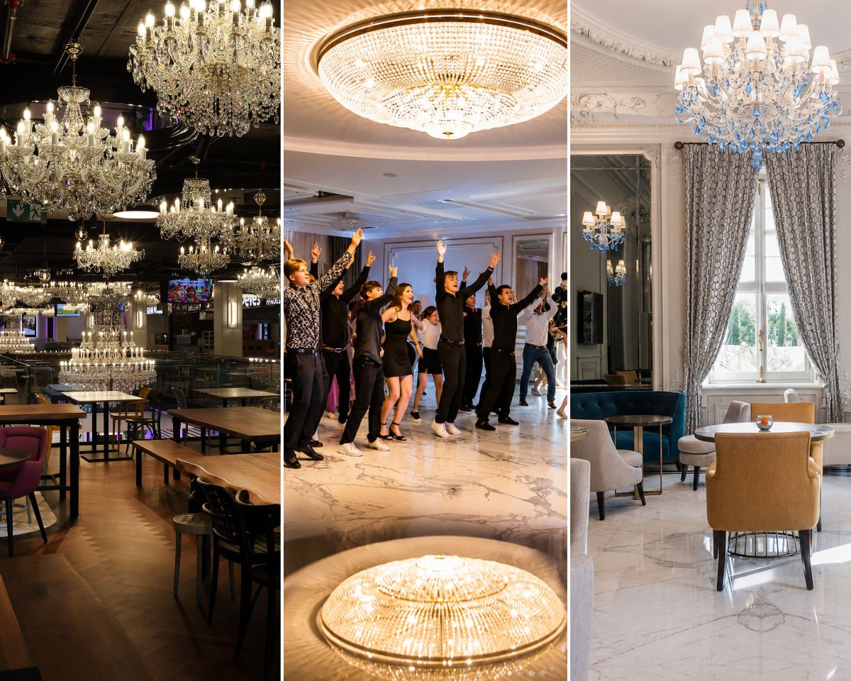 Innenraum des Restaurants Bistro Bianco mit einem großen Kristallluster, der sich im polierten Marmorboden spiegelt. Innenraum des Hotels Villa Genesis an der französischen Riviera mit blauen Kristallpendelleuchten mit Meerblick.