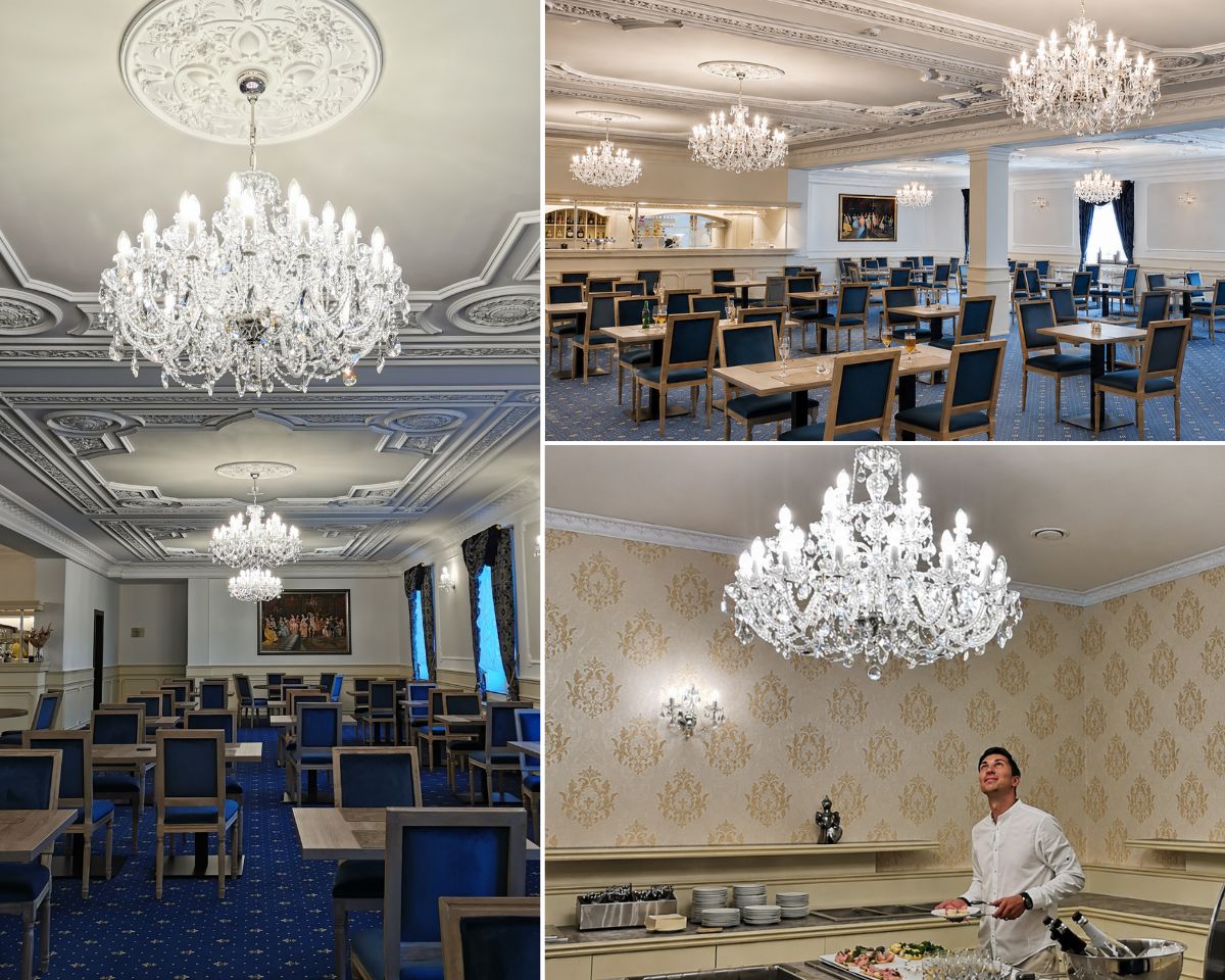 Restaurant des Schlosshotels Chateau Šanov mit hohen Stuckdecken und einer Reihe von Kristallustern aus böhmischem Schliffkristall.