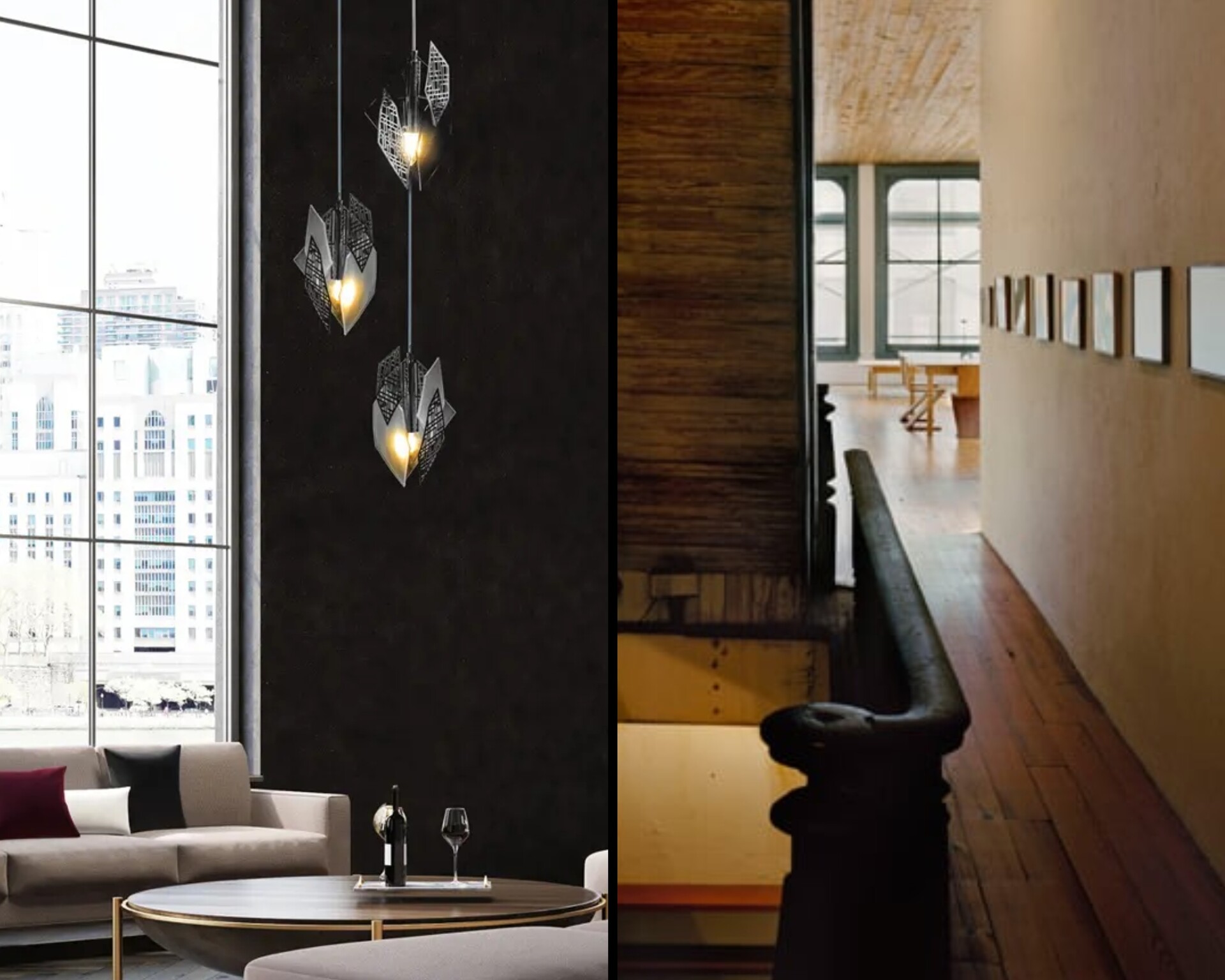 Moderne Deckenleuchte im Industrial Style, die Glas und Metall in verschiedenen Oberflächen und Dekoren kombiniert