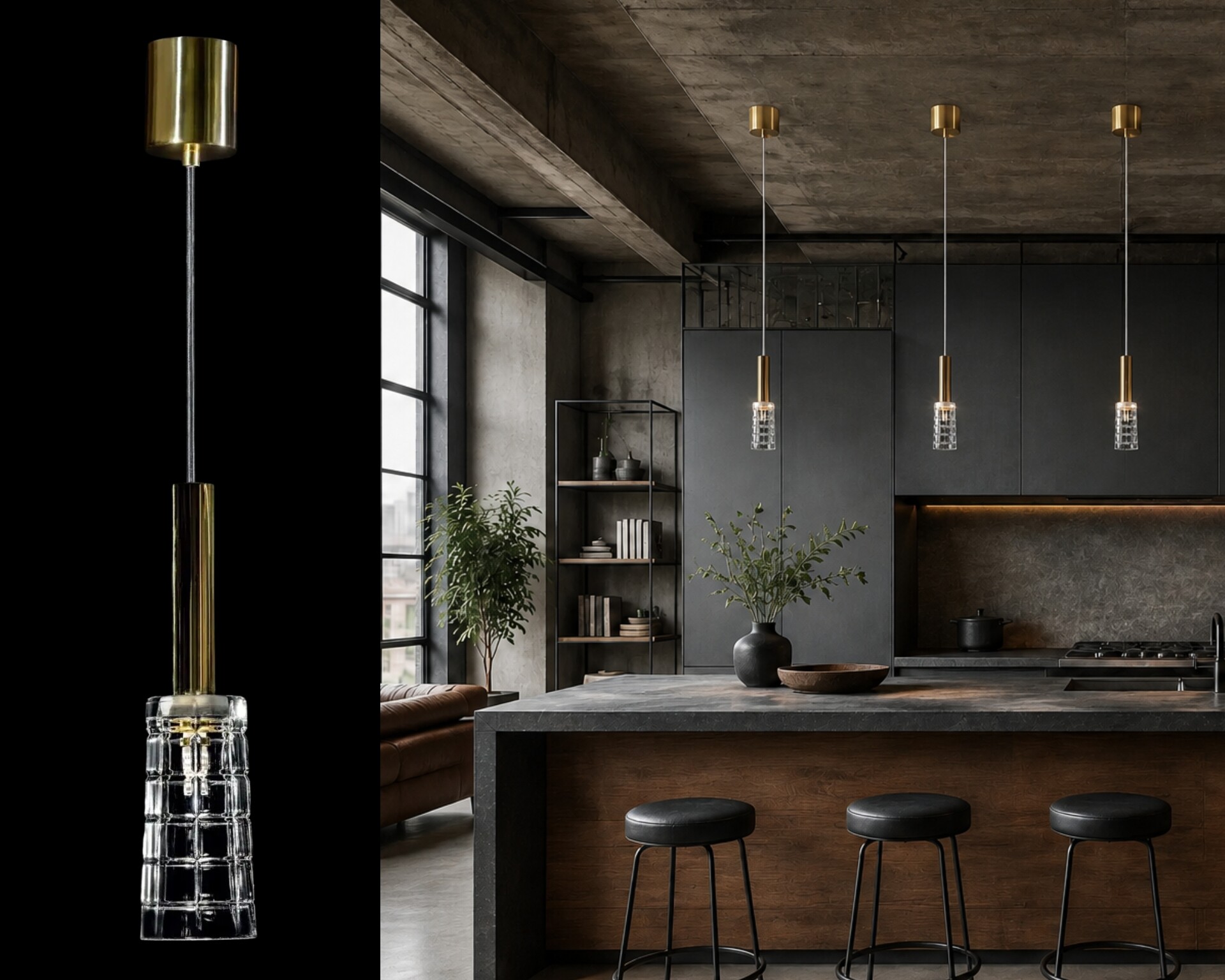Drei Hängeleuchten aus Metall und Kristall in Goldausführung über einer Kücheninsel in einer Küche im Industrial Style.