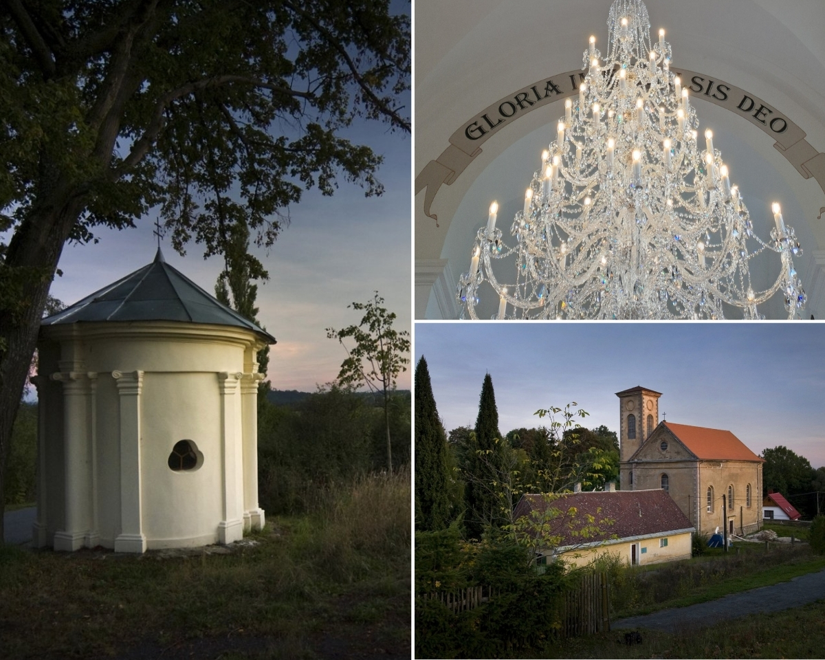 Die barocke Kapelle der Krönung der Jungfrau Maria, die Allerheiligenkirche in Boněnov und der Kristallkronleuchter AL061K