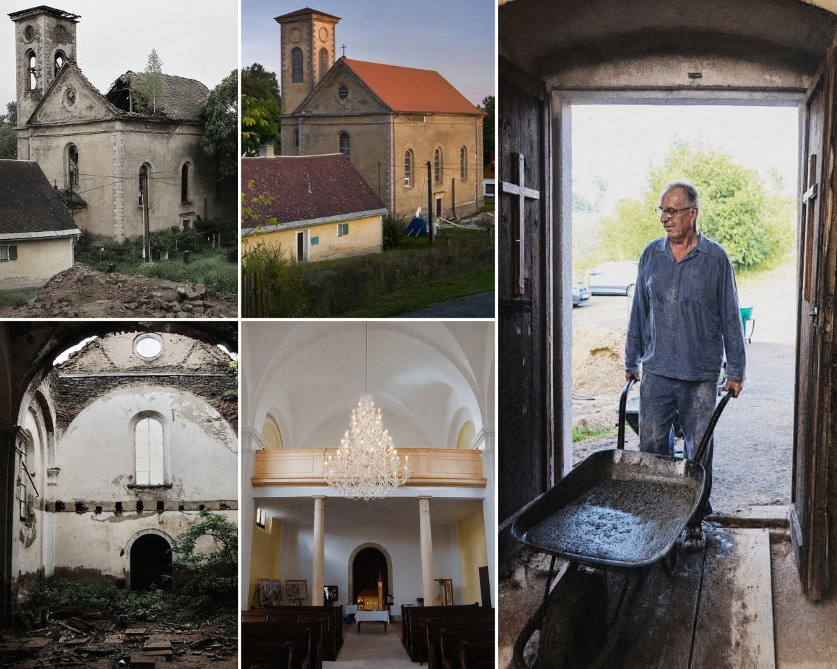 Die Allerheiligenkirche in Boněnov vor der Renovierung, während der Bauarbeiten und nach Abschluss der Restaurierung.