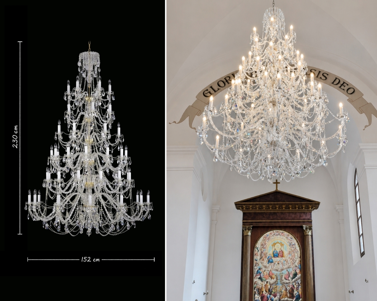 Der Kristallkronleuchter AL061K, 230 cm hoch mit 152 cm Durchmesser, installiert in der Allerheiligenkirche in Boněnov.