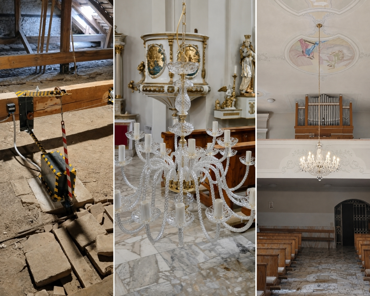 Die Montage des Kristallkronleuchters AL036K mithilfe einer Seilwinde und seine fertige Installation in der St.-Nikolaus-Kirche in Veľké Vozokany.