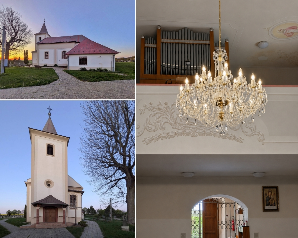 Die St.-Nikolaus-Kirche in Veľké Vozokany und ihr Innenraum mit dem Kristallkronleuchter AL036K.