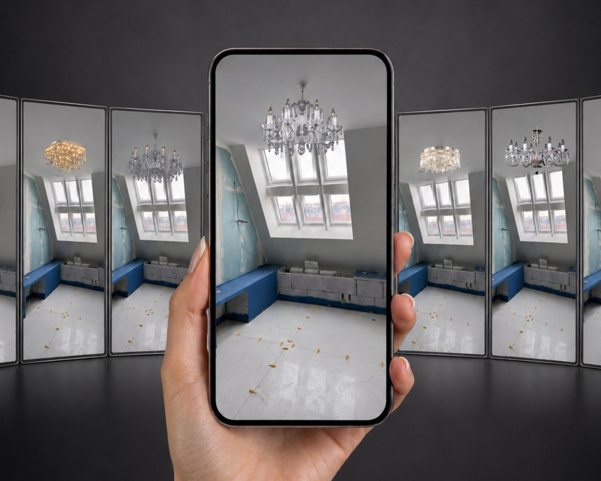 Visualisierung mehrerer Varianten eines Kristallleuchters im Dachgeschossbad, dargestellt auf dem Smartphone.