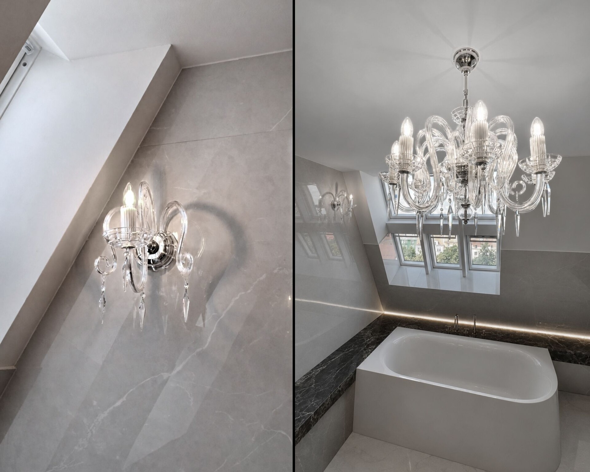Kristallleuchter und Wandleuchten im Dachgeschossbad mit freistehender Badewanne und Marmorverkleidung.
