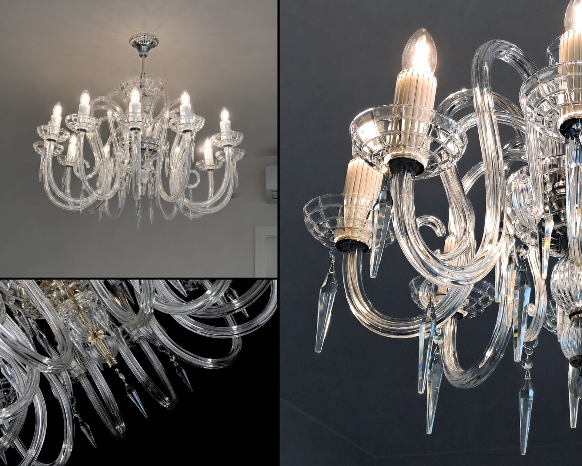 Detail eines Kristallleuchters mit handgeformten Glasarmen, Glasschalen und geschliffenen Behängen.