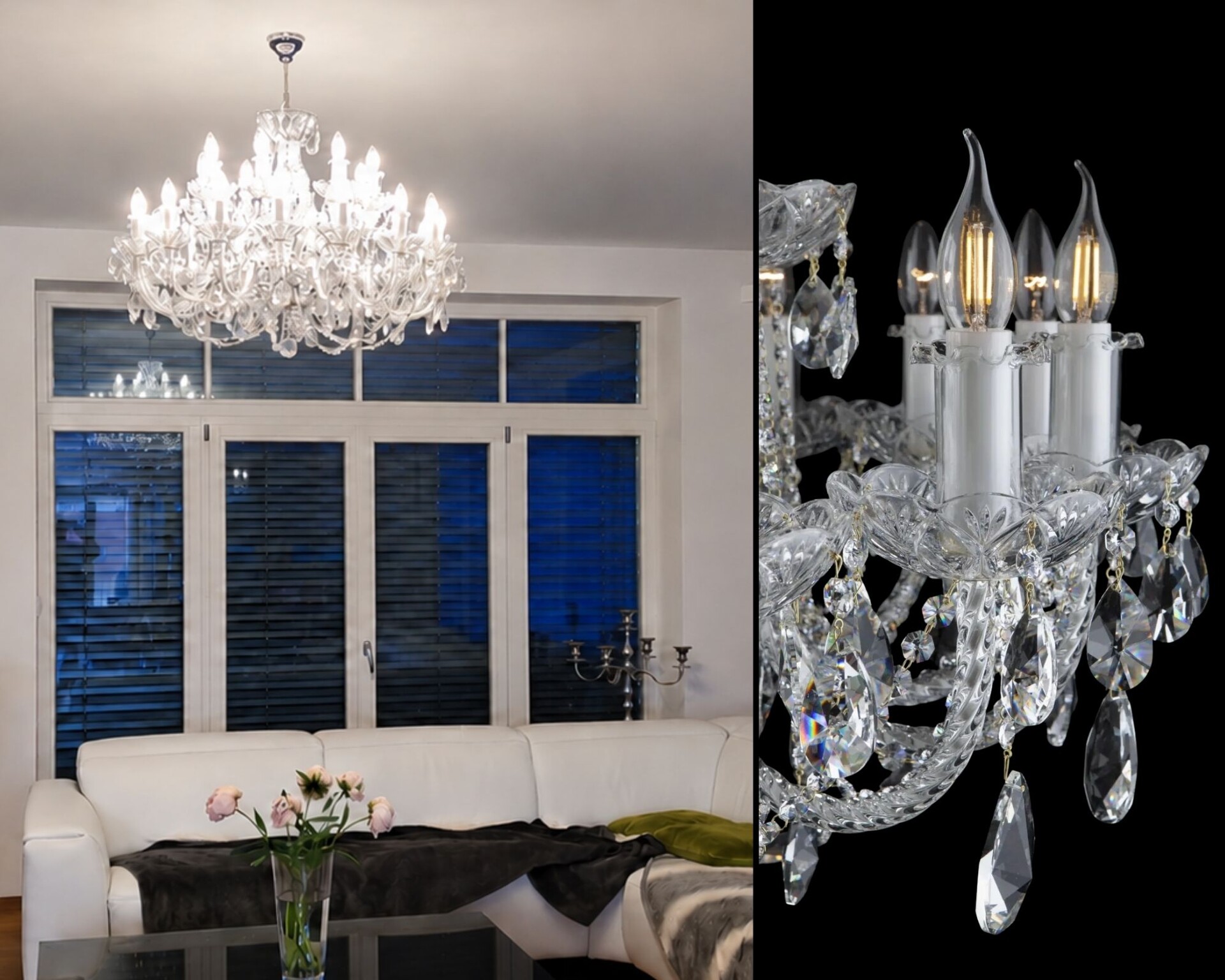 Kristallleuchter im Wohnzimmer und Detail seiner handgeformten Glasarme und Behänge.