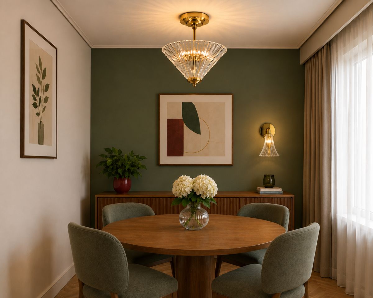 Modernes Esszimmer mit rundem Holztisch, einem Kristallleuchter mit strahlenförmig geschliffener Schale über dem Tisch und einer minimalistischen Wandleuchte mit Messingfuß und Kristallschirm an einer grünen Akzentwand.