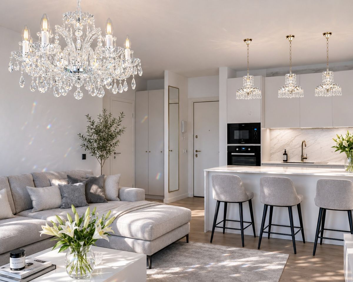 Moderne offene Wohnung mit einem Kristallleuchter über dem Wohnbereich und drei hängenden Leuchten aus geschliffenem Kristall über der Kücheninsel.