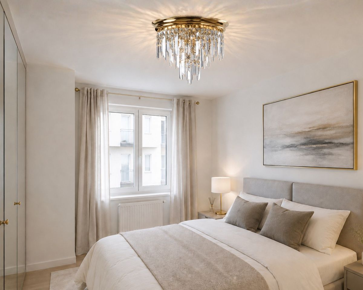 Helles Schlafzimmer mit einer eleganten Deckenleuchte, die mit Ketten aus geschliffenen Kristallbehängen in Quadrat- und Prismenform verziert ist und sanfte Lichtreflexe erzeugt.