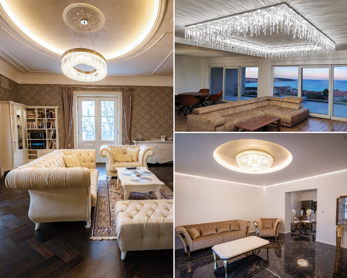Wohnzimmer unserer Kunden mit Kronleuchtern