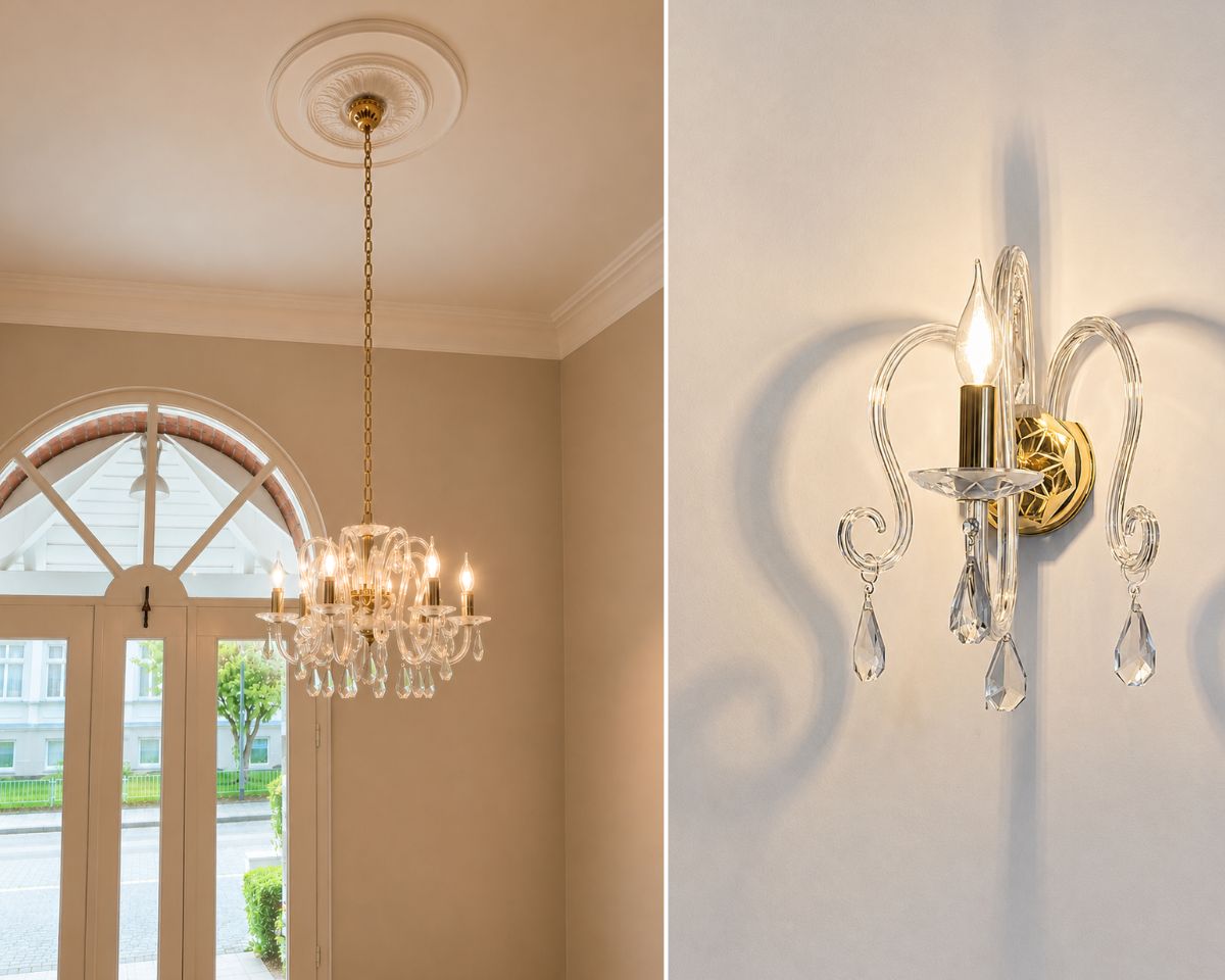 Origineller Kristallkronleuchter mit ungewöhnlich geformten Armen, mattierten Schalen und geschliffenen Kristallbehängen, ergänzt durch eine elegante Wandleuchte im gleichen Design.