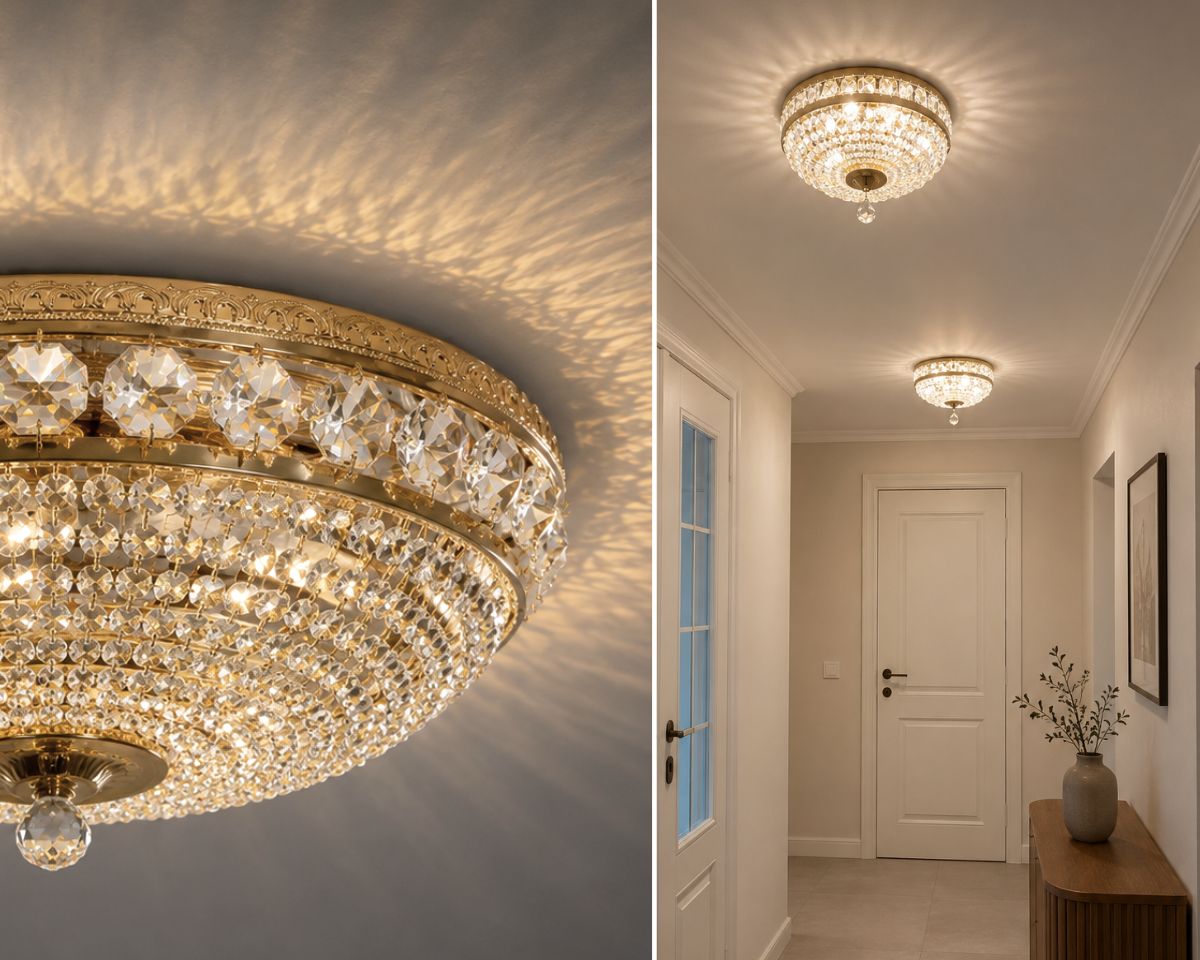 Elegante Kristalldeckenleuchte mit sechs Glühbirnen, geschliffenen Kristallbehängen und einer zarten Metallstruktur in polierter Gold- oder Silberausführung.