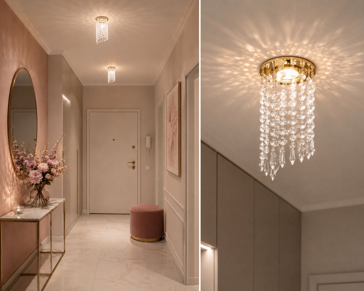 Einbaudeckenspot mit geschliffenen Kristallbehängen in spiralförmiger Anordnung und spitzen Tropfen – ausgezeichnet durch elegantes Funkeln und ein feines Lichtspiel.