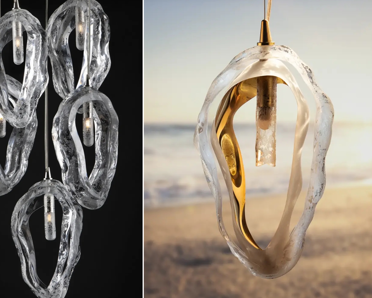 Moderne Leuchte ELS05 erhältlich in klarem Glas oder mattem Glas mit goldenem Innenraum, ergänzt durch verschiedene Oberflächenvarianten der Metallteile.