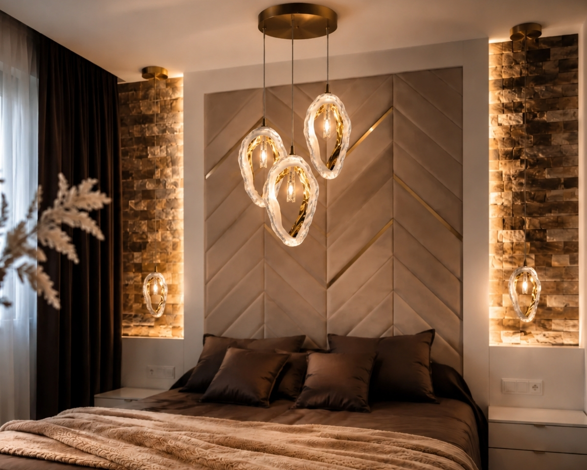 Moderne Pendelleuchte ELS05 erhältlich in klarem Glas oder mattem Glas mit goldenem Innenraum sowie verschiedenen Oberflächen der Metallteile.