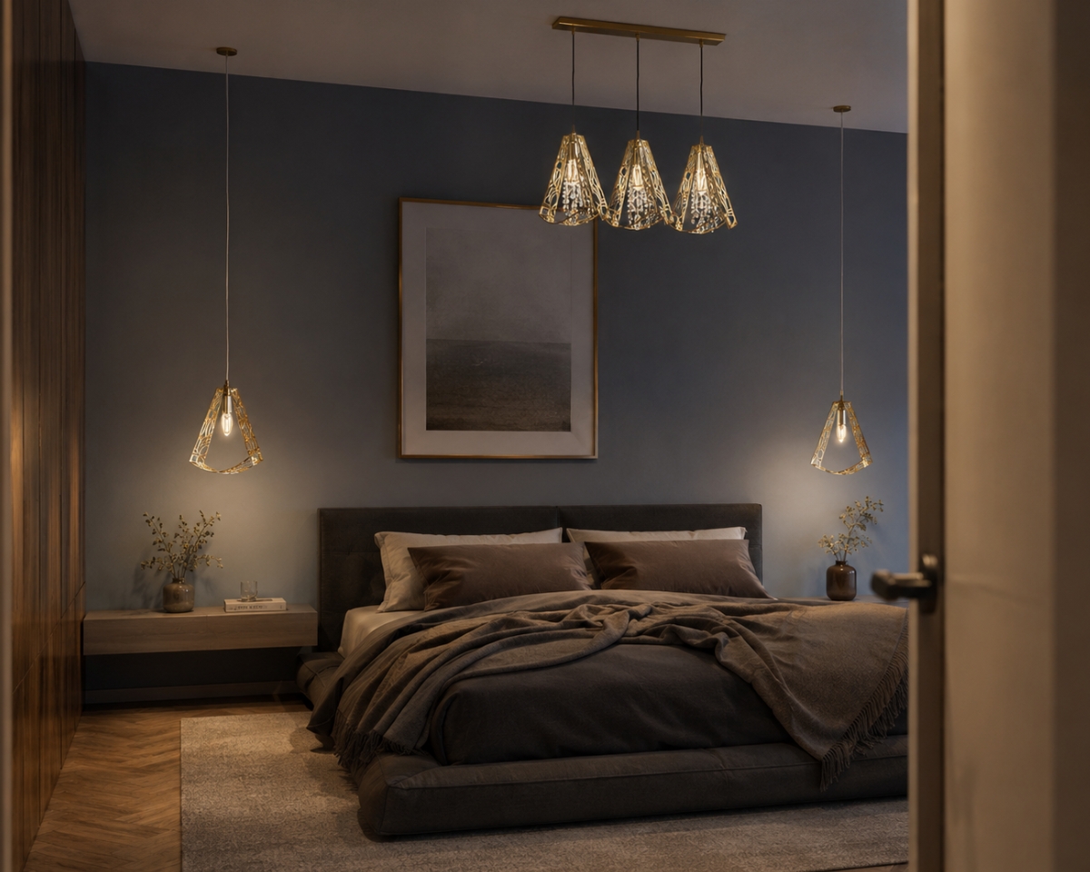 Moderne Leuchte L-SWI-05 aus lasergeschnittenem Messing und böhmischem Kristall mit drei eleganten Elementen und funkelnden Kristallen an feinen Seilen, erhältlich in Gold- und Silberausführung.