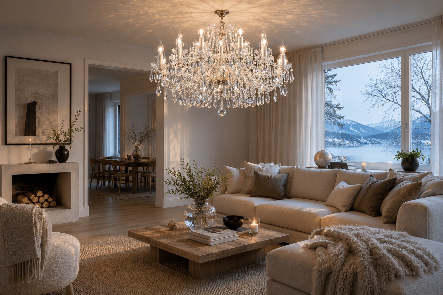Präzise geschliffenes böhmisches Kristallglas bringt subtilen Luxus und zeitlose Eleganz in das skandinavische Interieur. Der markante Lüster wird zur natürlichen Dominante des Raumes, in dem klare Linien und natürliche Materialien seinen Glanz und die Schönheit handwerklicher Verarbeitung hervorheben. Luxuriöser geschliffener Kristalllüster in einem modernen skandinavischen Interieur mit hellem Holz, neutralen Farbtönen und eleganter Atmosphäre.