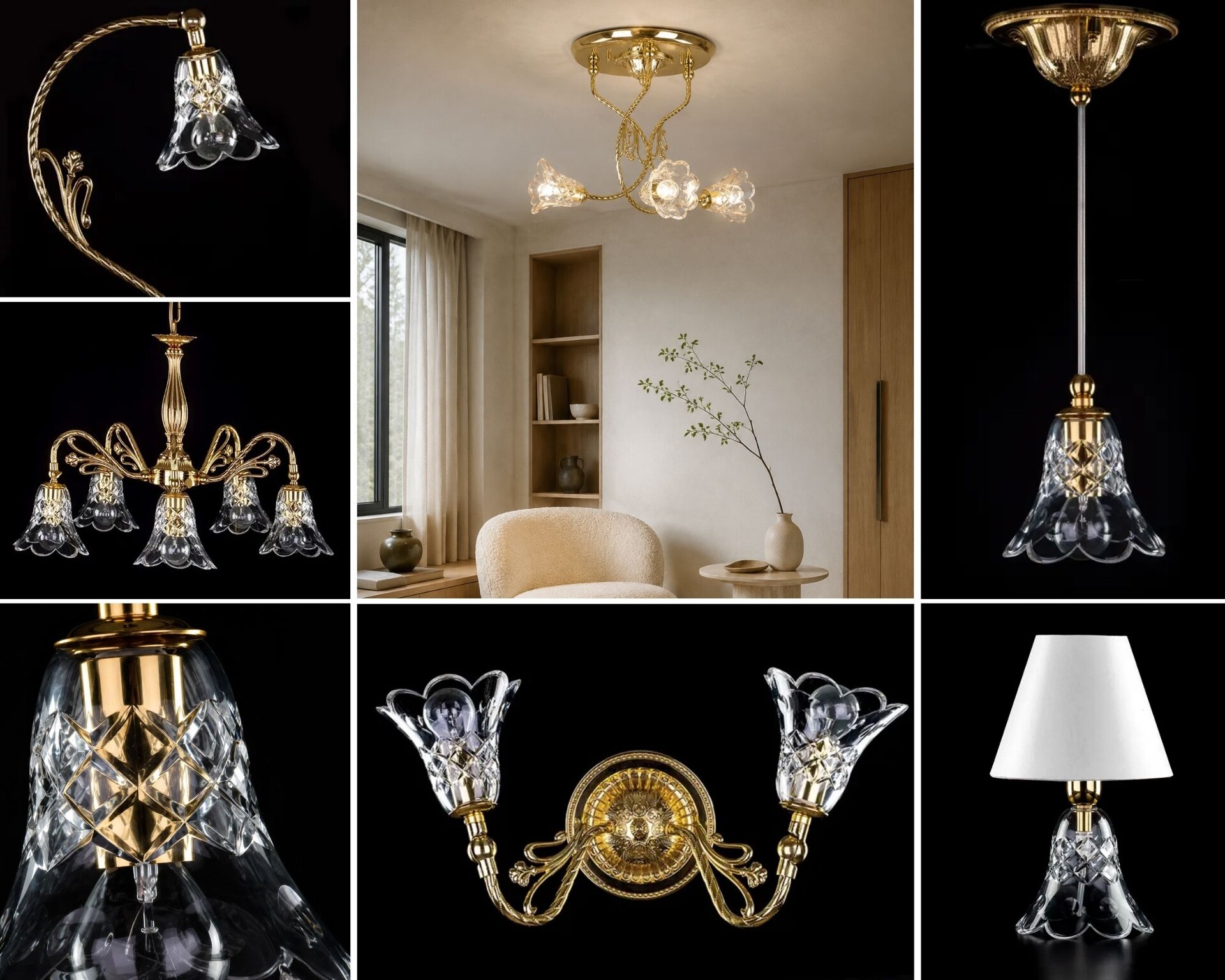 Jugendstil-Kollektion von ArtCrystal: Kronleuchter, Decken- und Pendelleuchte mit handgeschliffenen Kristallschirmen in Glockenblütenform