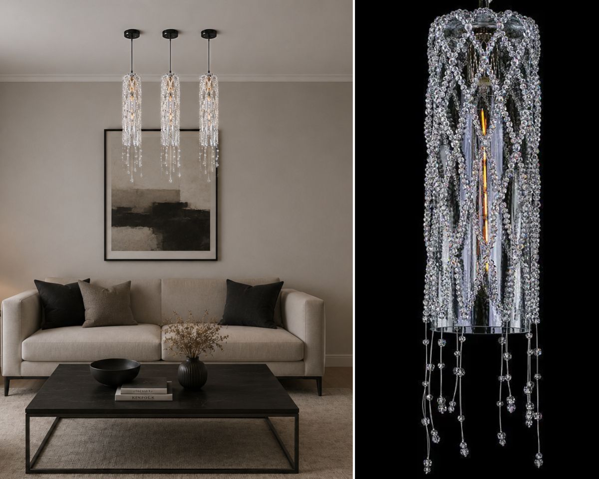 Moderner Kristalllüster LV138 in an elegant living room, formal dining room or hotel lounge setting, where it stands out with its sparkle and distinctive design.