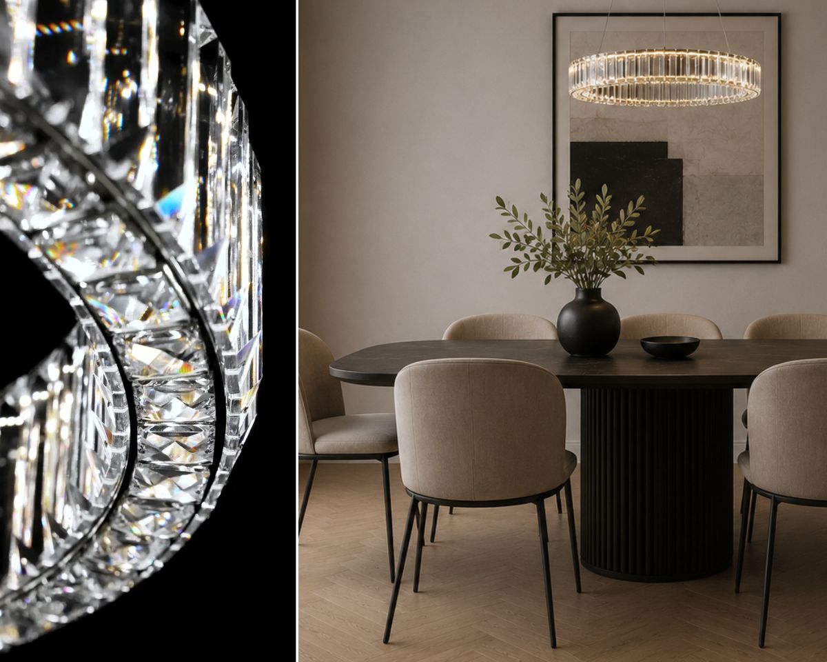 Moderner Ringlüster über einem runden Esstisch, eine elegante Ringpendelleuchte, die sich für geräumige Interieurs eignet und die Kombination mehrerer Ringe in verschiedenen Durchmessern ermöglicht.   