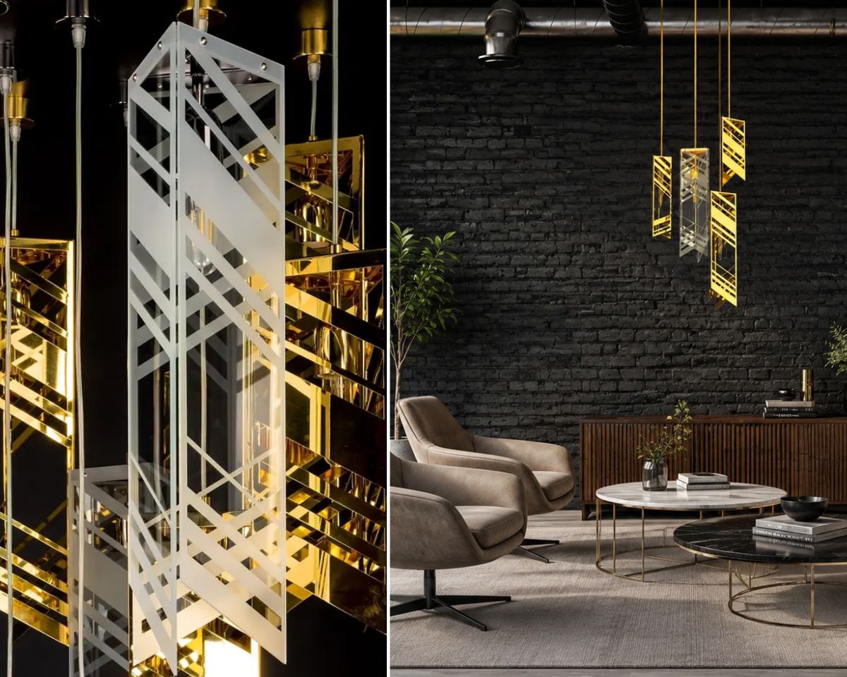 Metall-Designerleuchte LV099 in a modern industrial living room, where its precise design emphasises the functional and contemporary character of the interior.