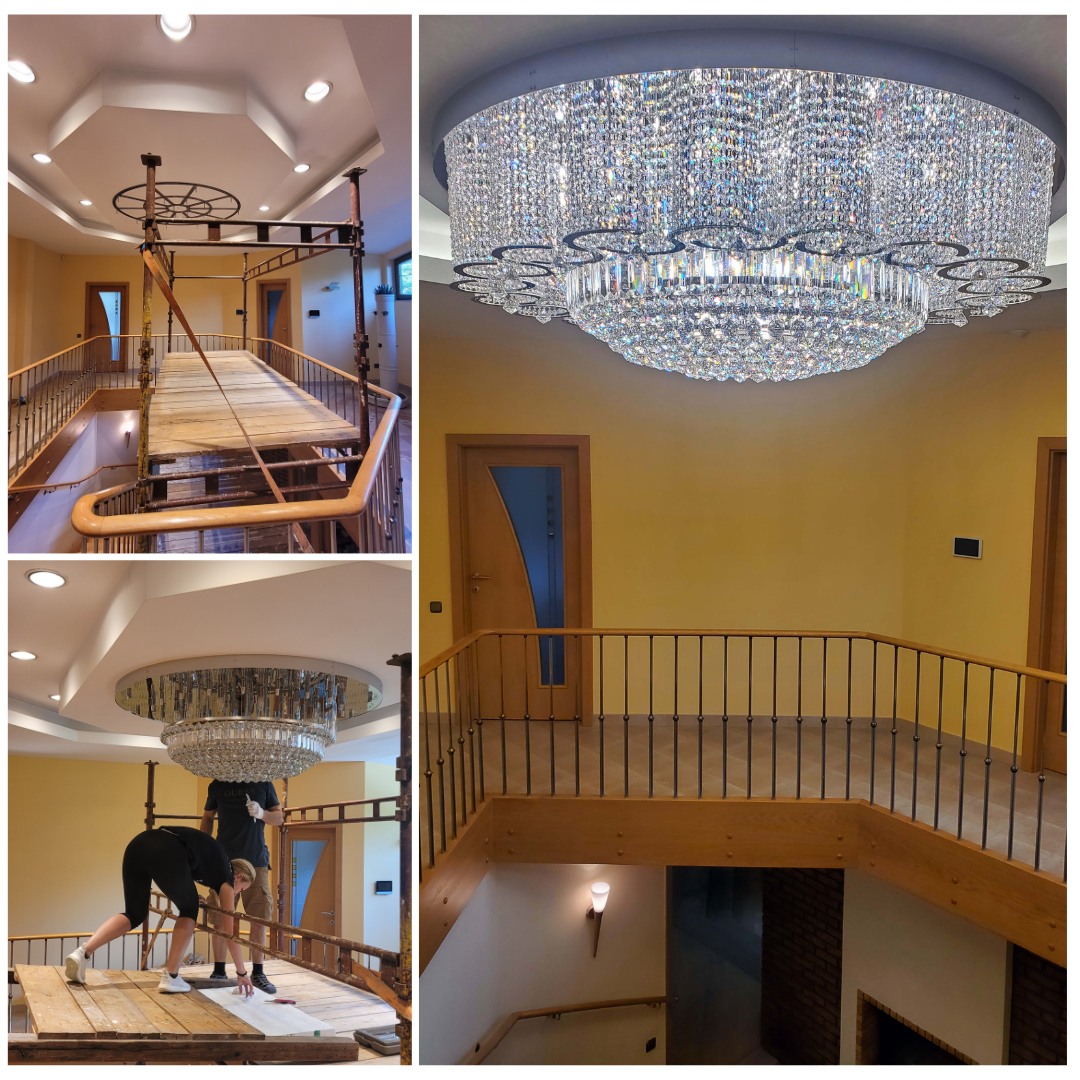 Montage einer Kristallleuchte in einer Privatvilla