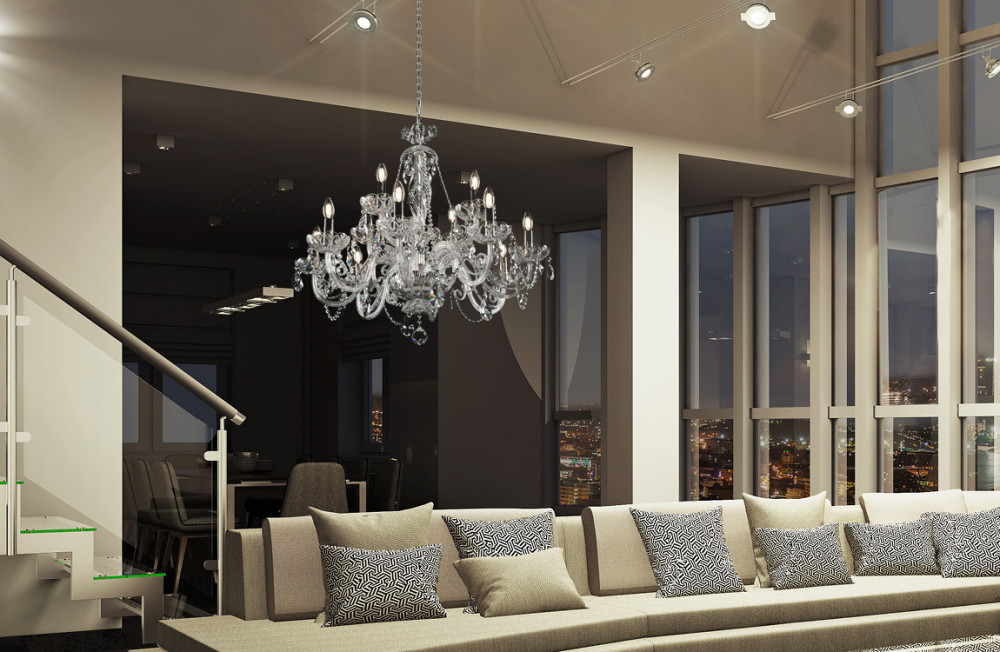 living room with crystal chandelier