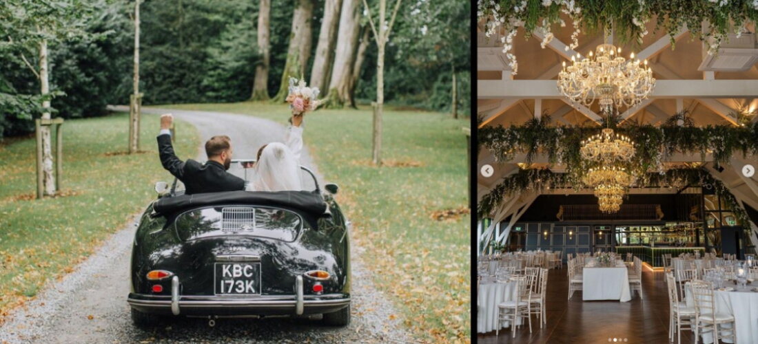 Hochzeitspaar im Auto und Saal mit Kristallleuchtern im Old Rectory