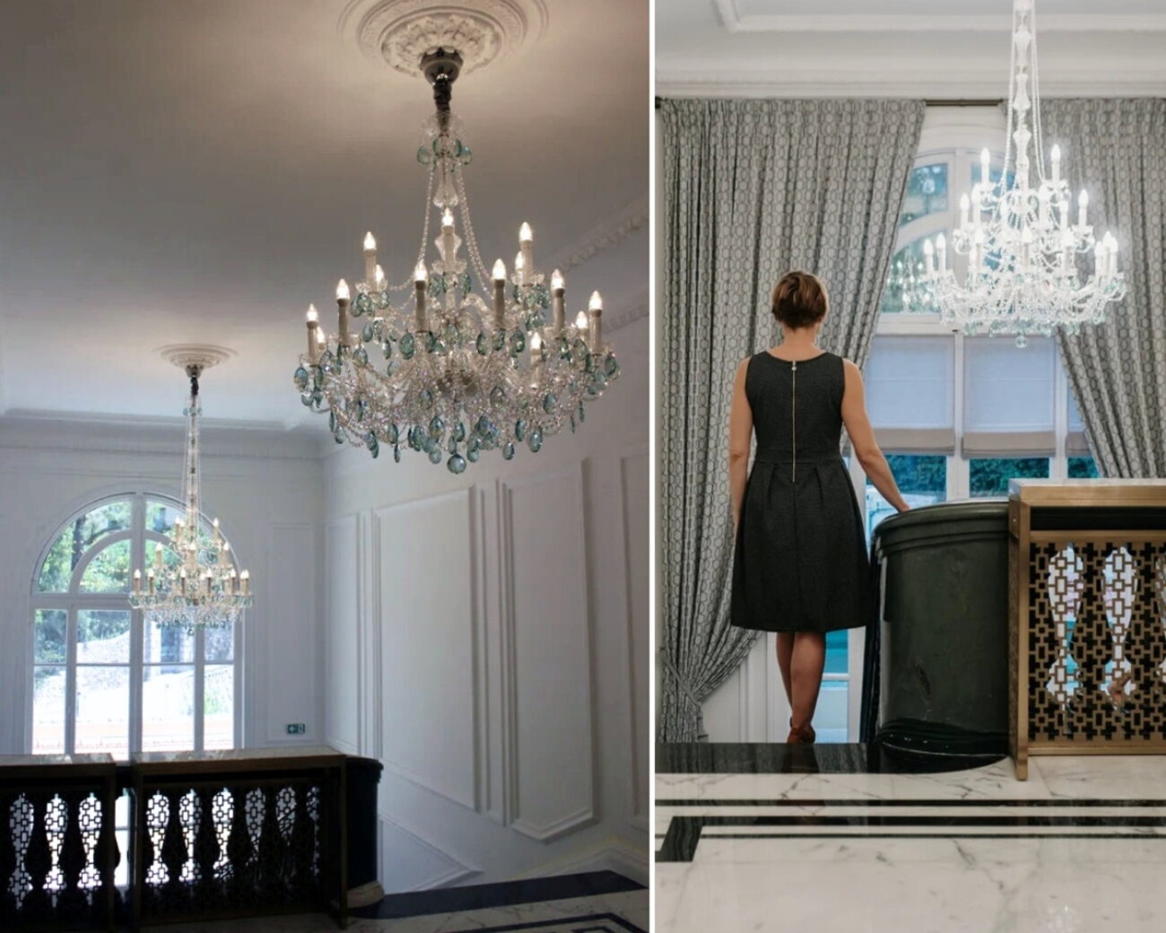 Hotelinterieur mit markanten Kristalllüstern, die die Eleganz des Raumes unterstreichen
