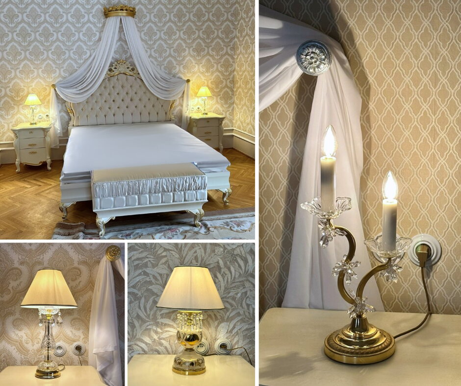Luxuriöses Schlafzimmer im Schloss mit gepolstertem Bett und Kristalltischlampen