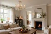 Kristallleuchter im Wohnzimmer mit Kamin