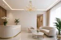 Kristalllüster über einem runden Couchtisch in einem modernen Wohnzimmer