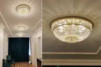 Runde Kristall-Deckenleuchten in Goldausführung in einem luxuriösen Saal und Detail des geschichteten Kristallbehangs